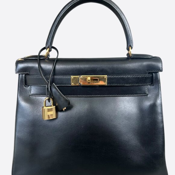 Hermes Handbags - Hermes Black Box Leather & Gold Hardware Kelly 28